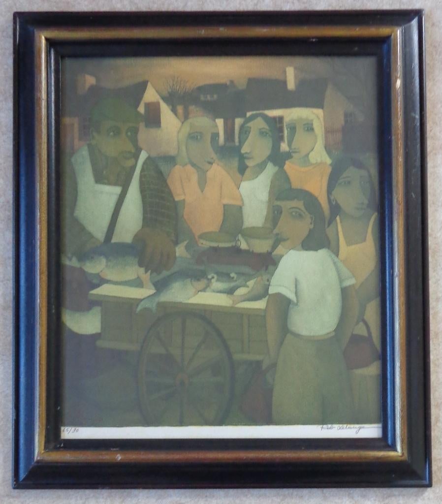 ROB DELANGE / VISKRAAM / KLEURLITHO / 74x64cm / KADER / SIG, Ophalen