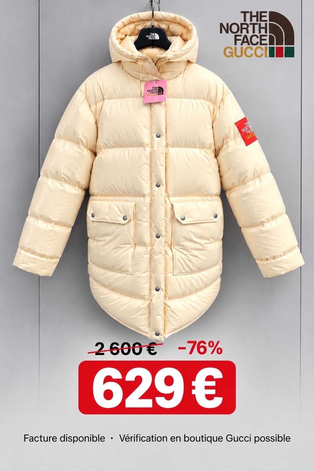 The North Face x Gucci - Beige pufferjack - Maat S, Kleding | Heren, Beige, Nieuw, Ophalen of Verzenden, Gucci