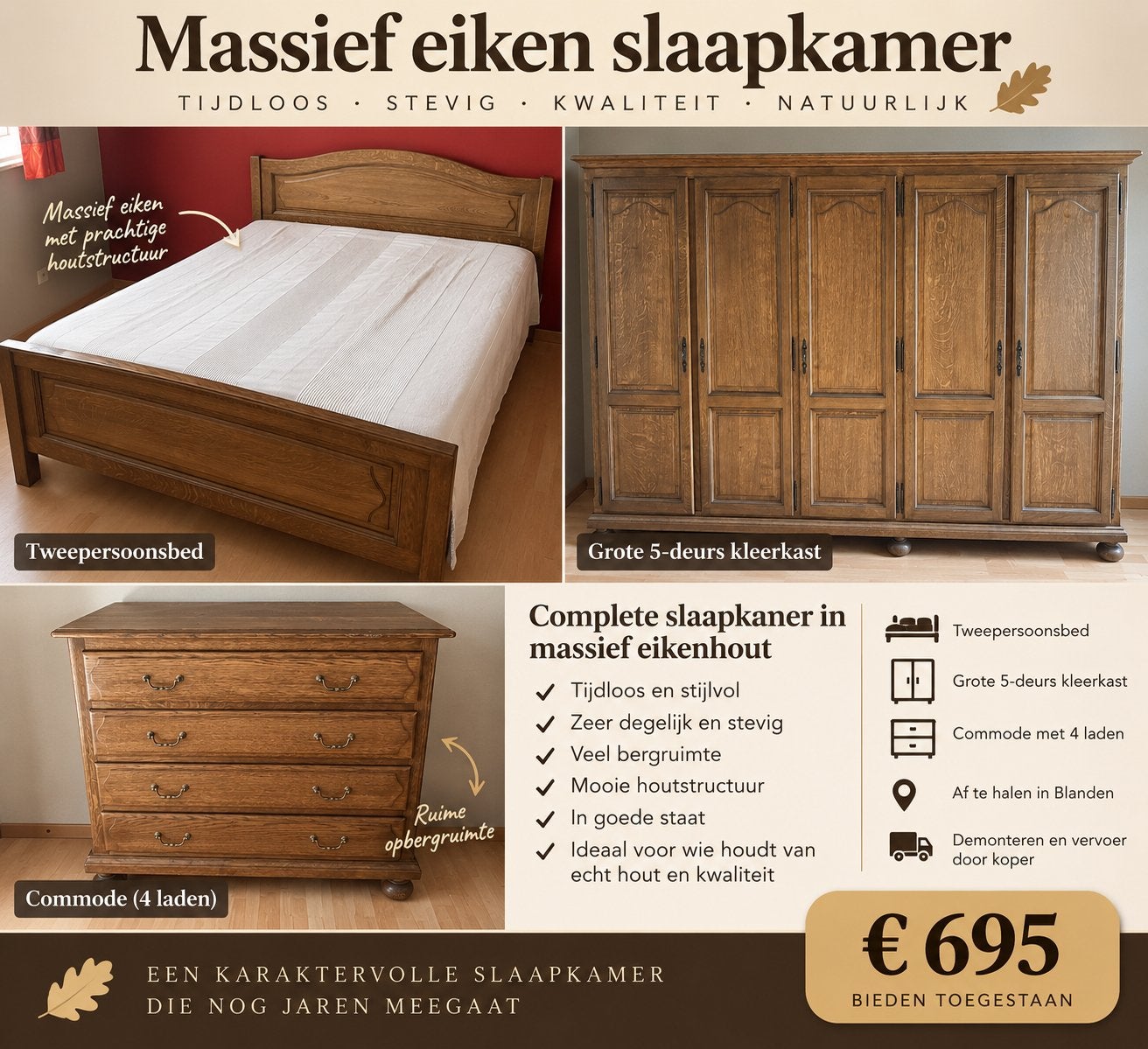 Massief eiken slaapkamer, Huis en Inrichting, Slaapkamer | Complete slaapkamers, Ophalen, Zo goed als nieuw