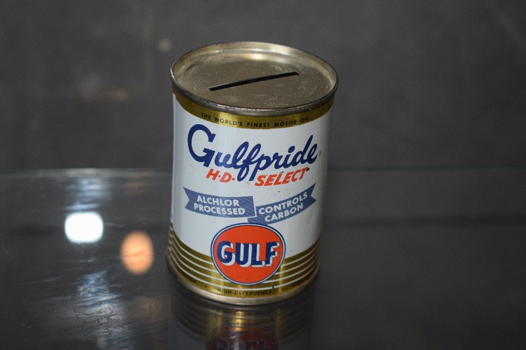 ancien bidon huile gulf tirelire 1950 gulfpride dosette, Collections, Enlèvement ou Envoi, Comme neuf