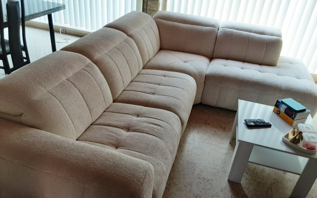 Comfortabele moderne zithoek met lounge links en 2 relaxen, Enlèvement, Comme neuf, Tissus