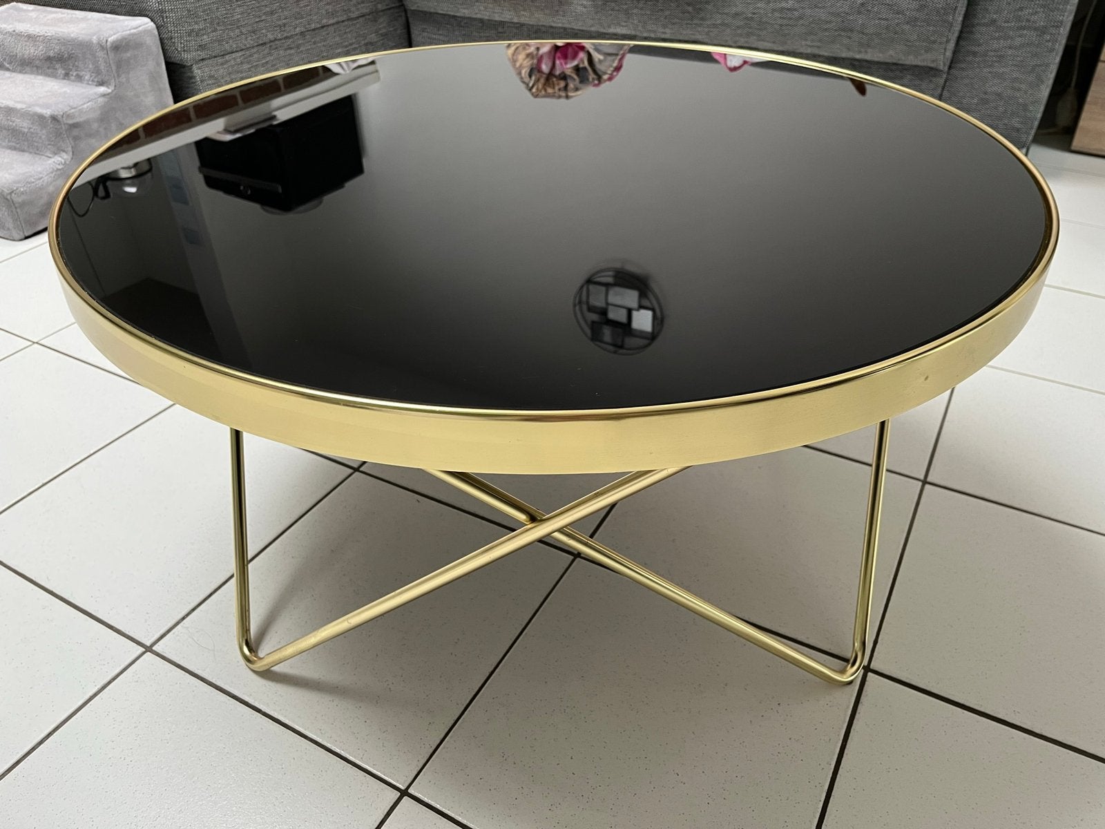 Salontafel zwart goud, Ophalen, Zo goed als nieuw, Rond, Glas