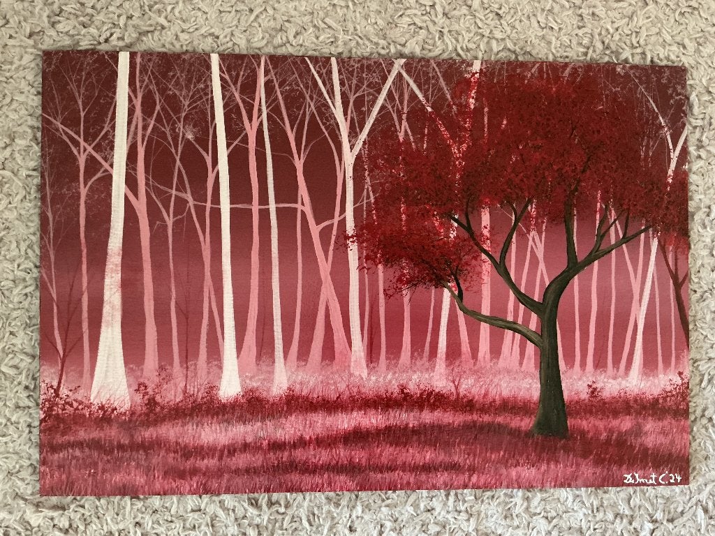 Schilderij rood bos, Enlèvement