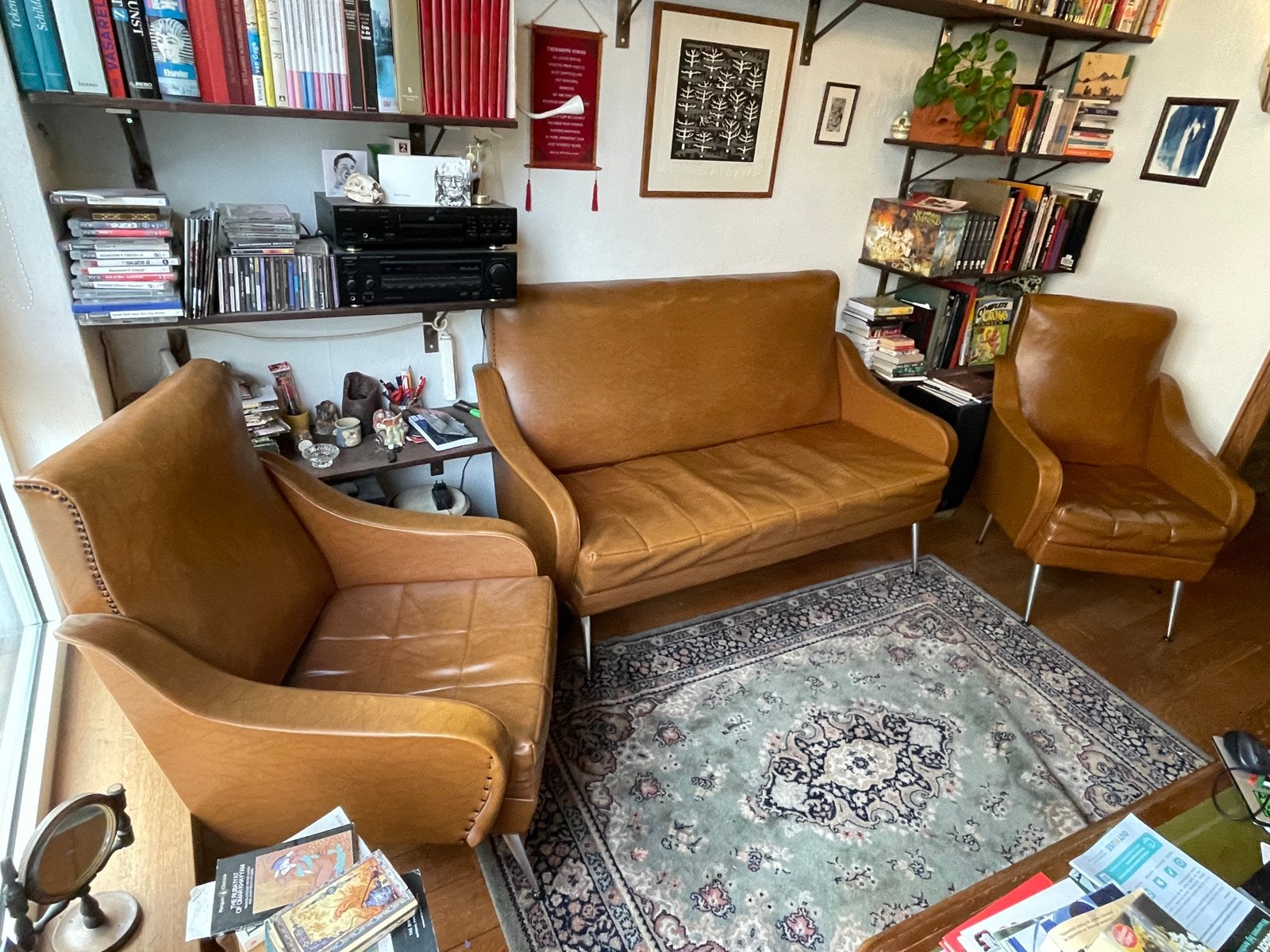 Vintage sofa set. 2 fauteuils en 3-zit. Italiaans design, Ophalen, Gebruikt, Leer, Italiaans