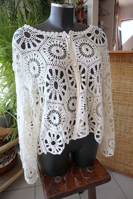bijzonder gehaakte sweater vest, Taille 46/48 (XL) ou plus grande, Porté, Blanc, Vintage Dressing