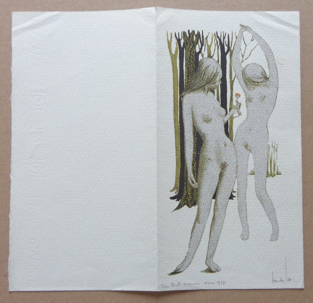 JAN VAN DER LOO / NIEUWJAARSKAART / 22x23cm / SIG / NAAKTEN, Enlèvement ou Envoi, Personnages et figures fantastiques, Lithographie