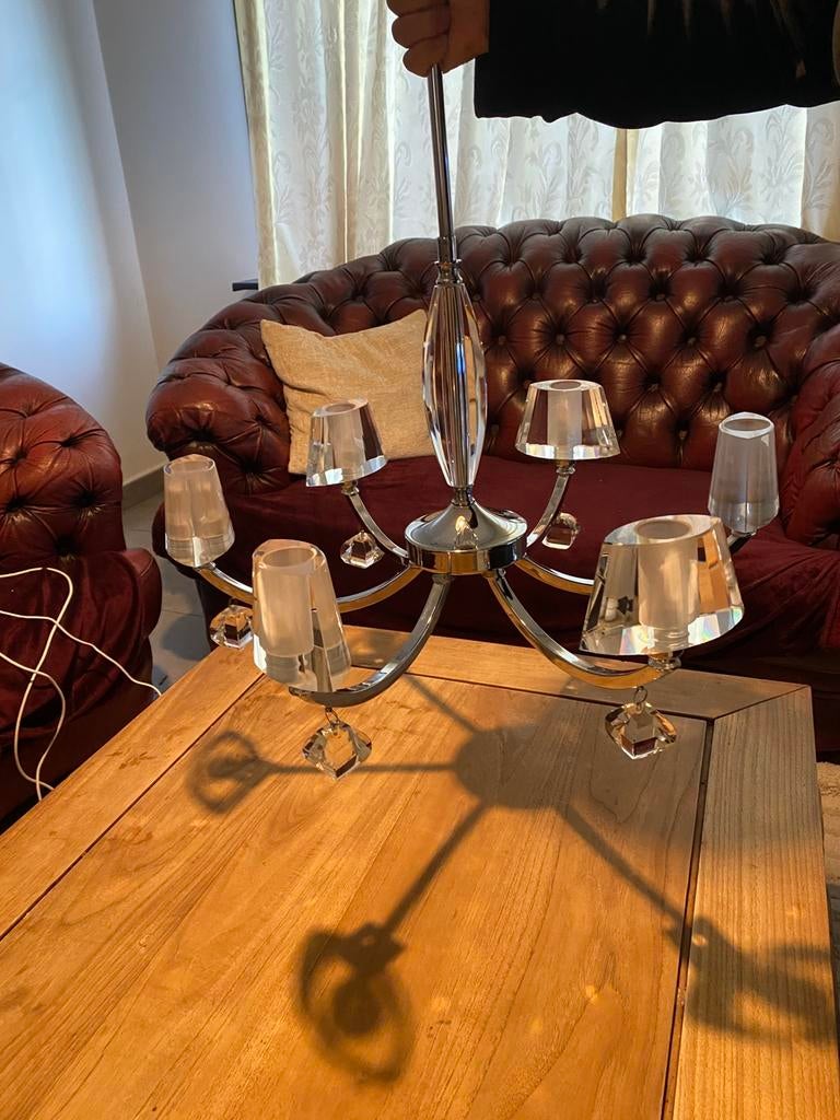 2 Luxe Luchters eettafel (98cm breed) en zithoek, Ophalen, Zo goed als nieuw, Glas