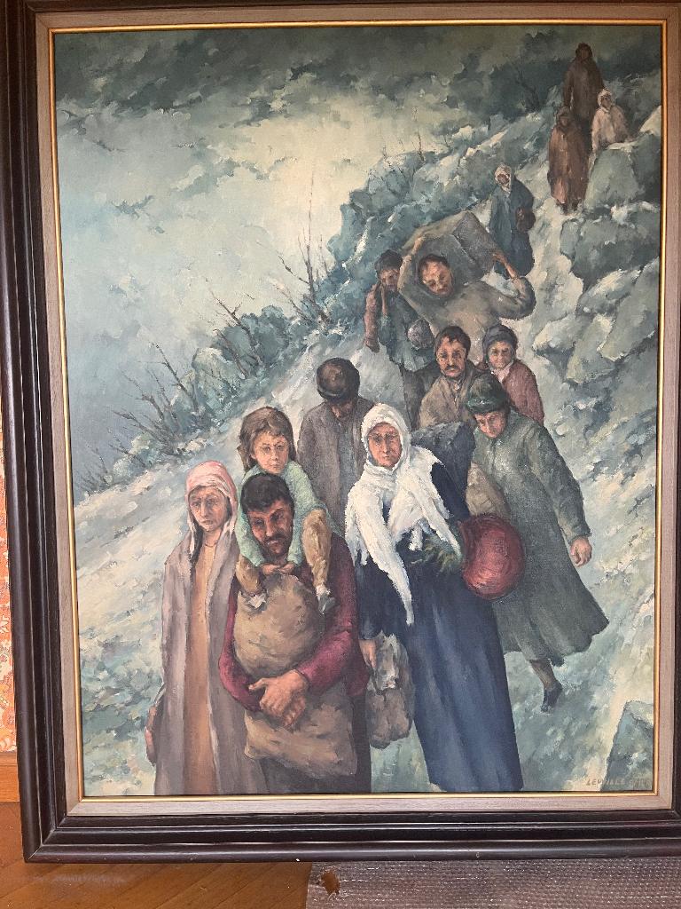 Olieverfschilderij op linnen doek "Vluchtelingen"., Antiek en Kunst, Kunst | Schilderijen | Klassiek, Ophalen