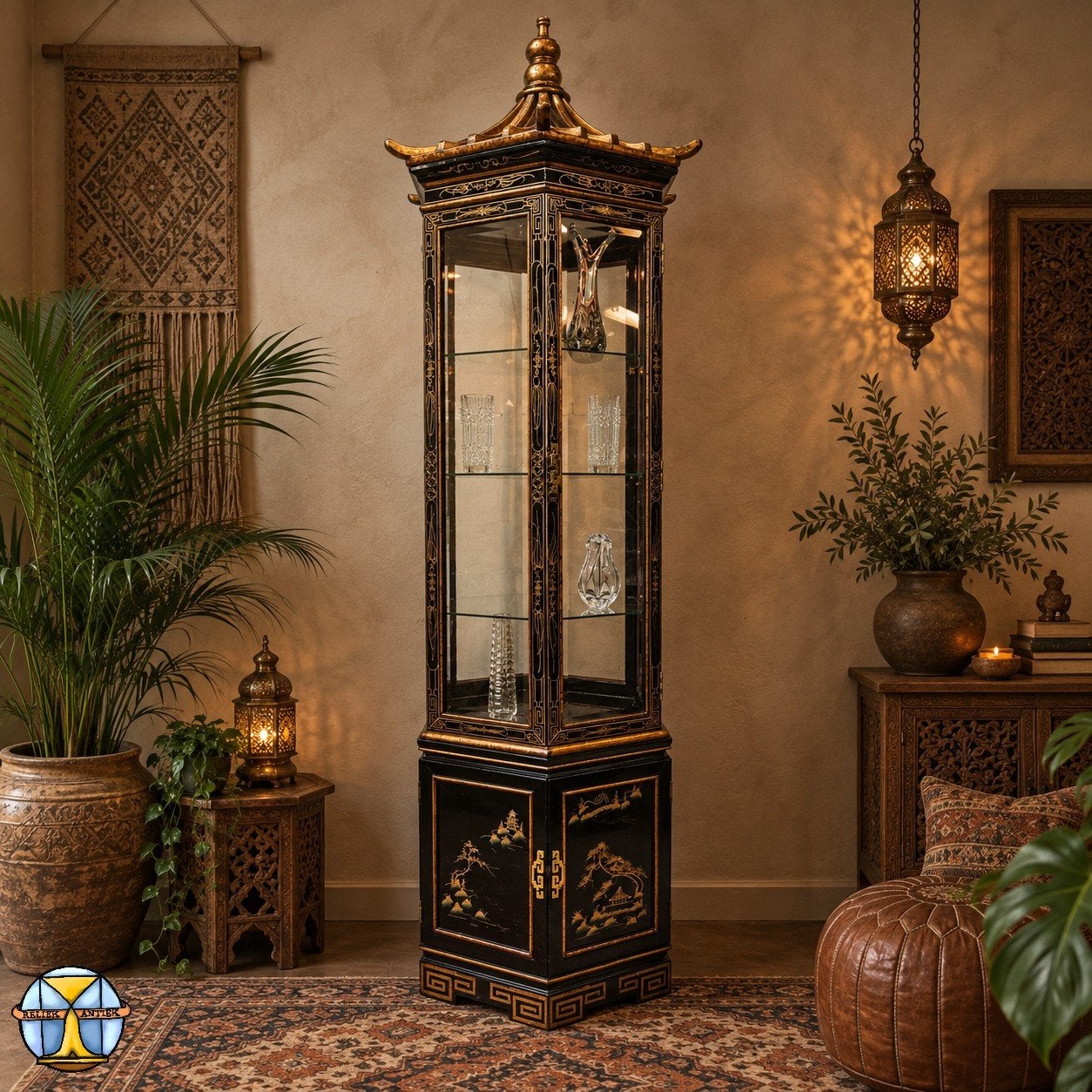 Vintage Chinese Vitrinekast Pagode dak (verlichting) Asian, Huis en Inrichting, Met deur(en), 200 cm of meer, 75 cm of meer, Nieuw