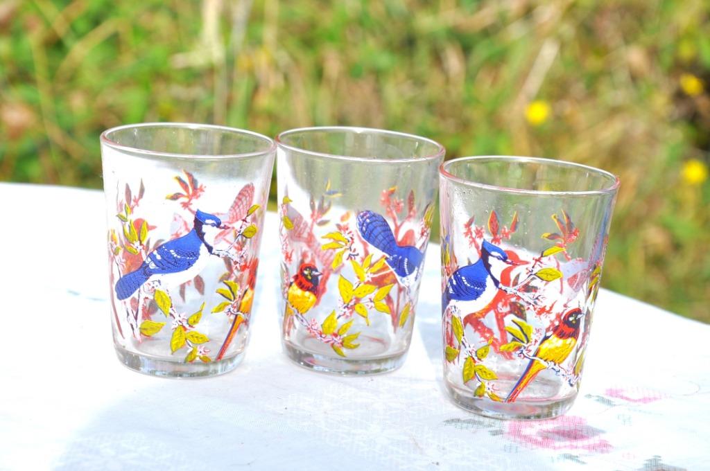 3 verres a eau decor oiseaux, Ophalen of Verzenden, Zo goed als nieuw, Waterglas