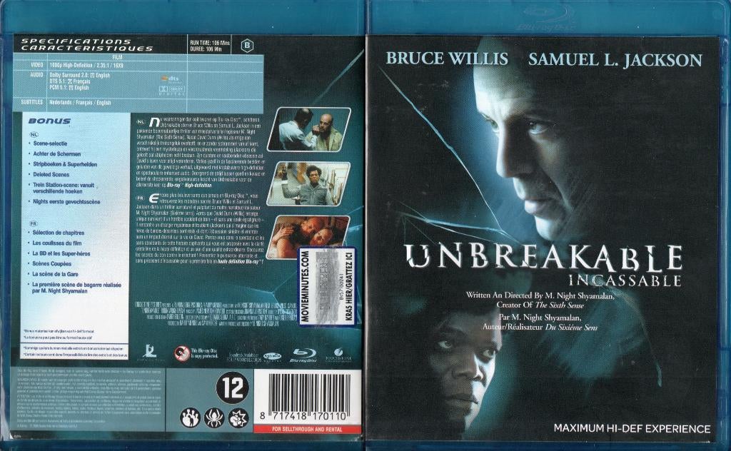 incassable (unbreakable) (blu-ray) neuf, CD & DVD, Blu-ray, Comme neuf, Science-Fiction et Fantasy, Enlèvement ou Envoi
