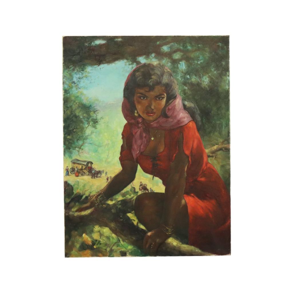Groot Schilderij Zigeunerin Jonge Vrouw Olieverf op Doek '64, Antiek en Kunst, Ophalen of Verzenden