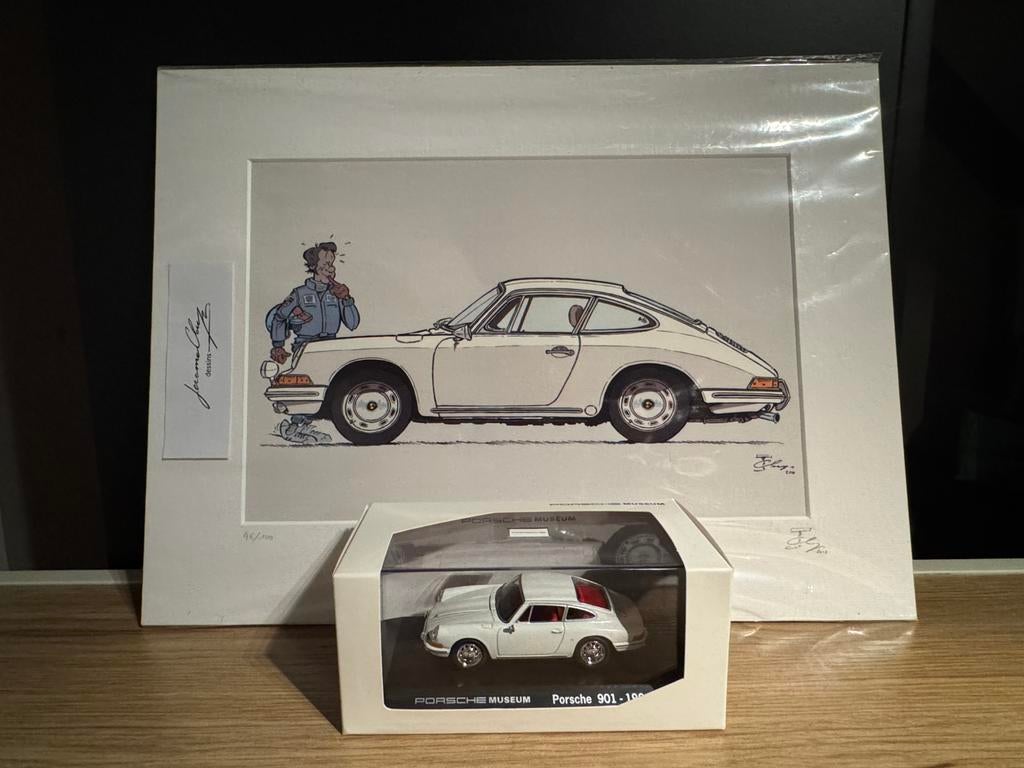 Porsche 901 1964 tekening + miniatuur autootje, Ophalen of Verzenden