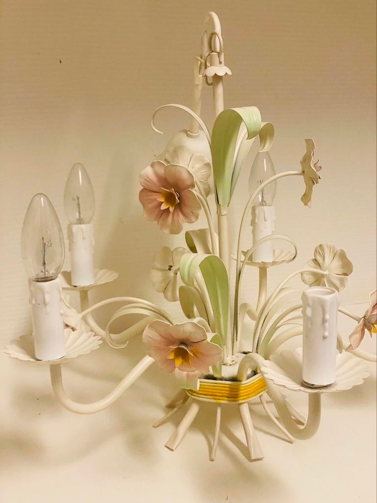 Vintage Franse plafondlamp met bloemen, Huis en Inrichting, Lampen | Plafondlampen, Metaal, Ophalen