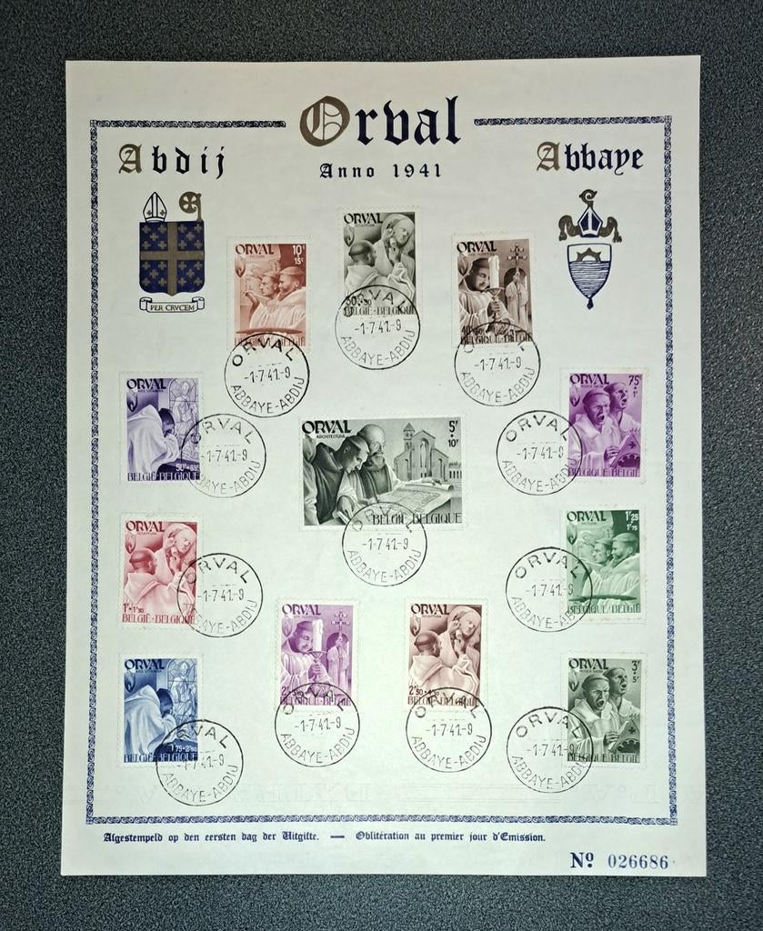 Planche de timbres oblitéré de 1941 de l'Abbaye d'Orval, Collections, Enlèvement ou Envoi