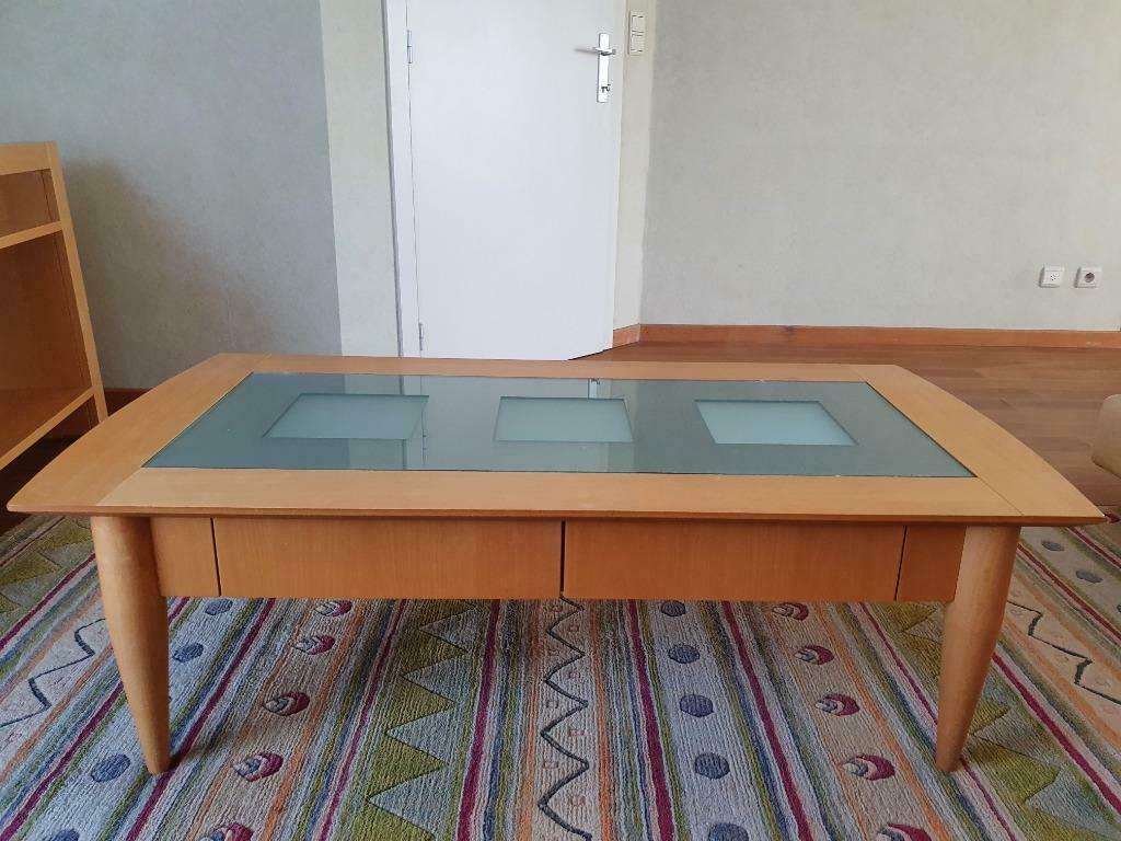 Salontafel beuk/glas met 2 schuifjes, Ophalen, Gebruikt, 50 tot 100 cm, 100 tot 150 cm