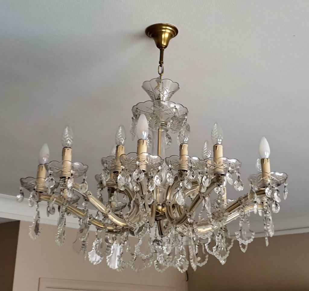 Kroonluchter in Boheemse kristal 10 armen 15 lampen, Ophalen, Zo goed als nieuw, Overige materialen, Cristal de bohème