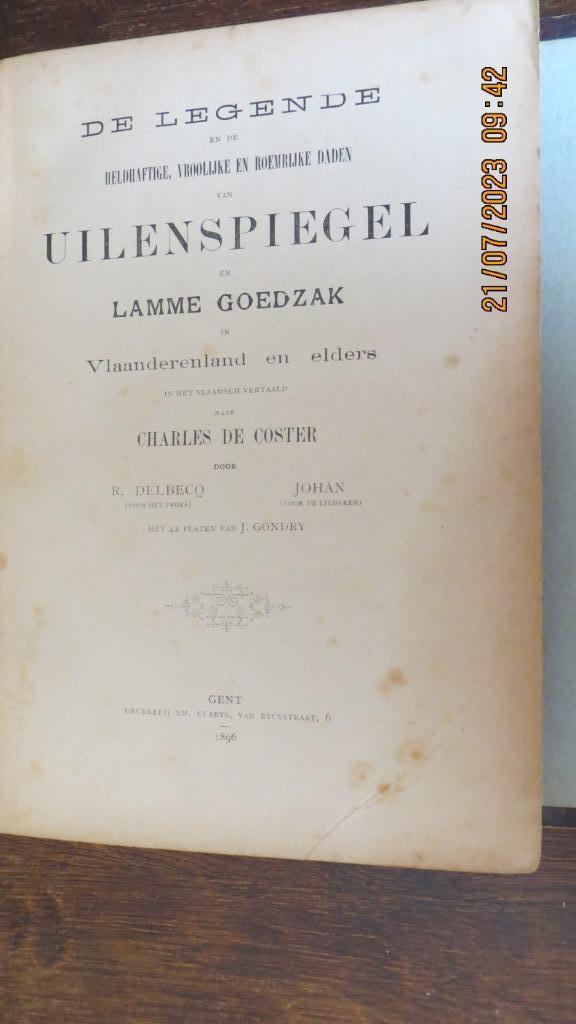 Uilenspiegel en Lamme Goedzak origineel boek uit 1896, Gelezen, België, Charles De Coster, Ophalen of Verzenden