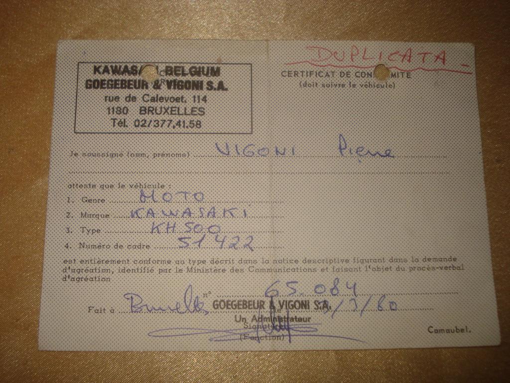 Ancien Certificat Conformité Moto Kawasaki KH-500 1980, Motos, Modes d'emploi & Notices d'utilisation, Enlèvement ou Envoi, Kawasaki