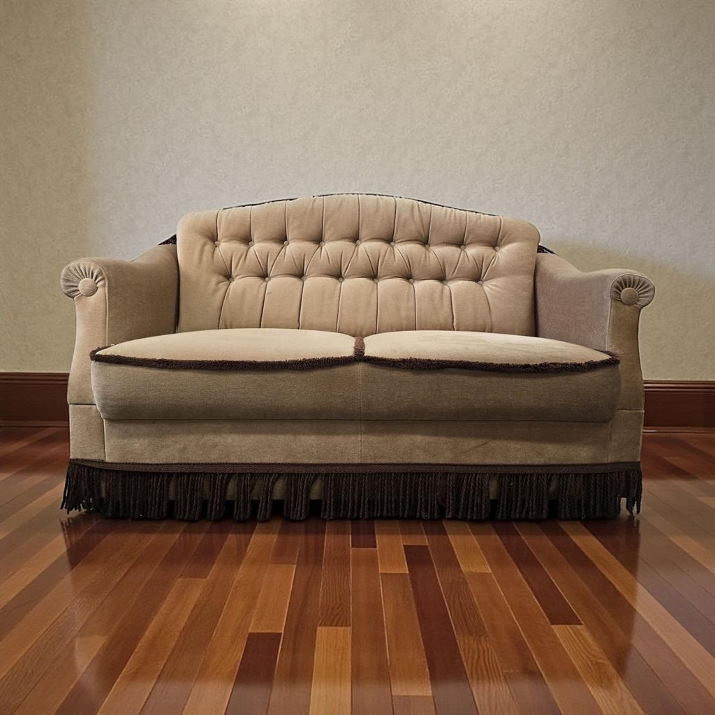 Vintage beige tweezit / zetel / canapé met franjes, Antiek en Kunst, Antiek | Meubels | Stoelen en Sofa's, Ophalen of Verzenden