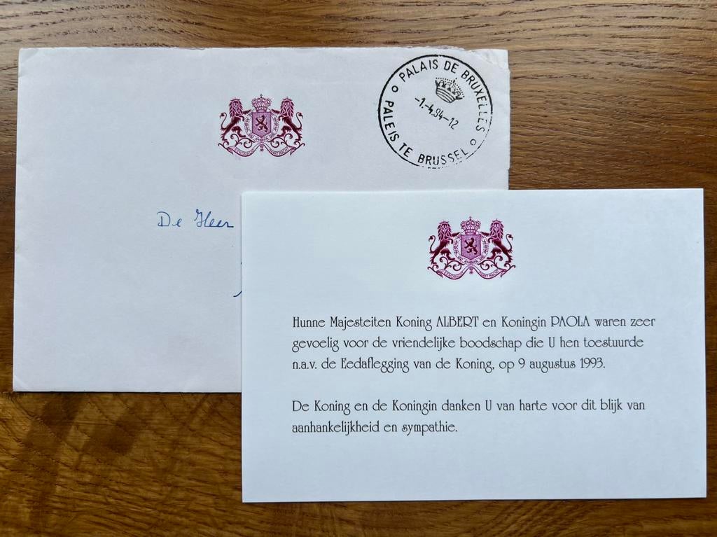 Dankkaartje van de vorsten Albert en Paola 1993, Ophalen of Verzenden, Zo goed als nieuw, Kaart, Foto of Prent