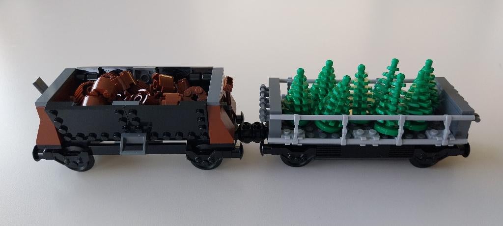 Lego trein: kiepwagon houtblokken + wagon dennentransport, Ophalen of Verzenden, Nieuw, Complete set, Lego