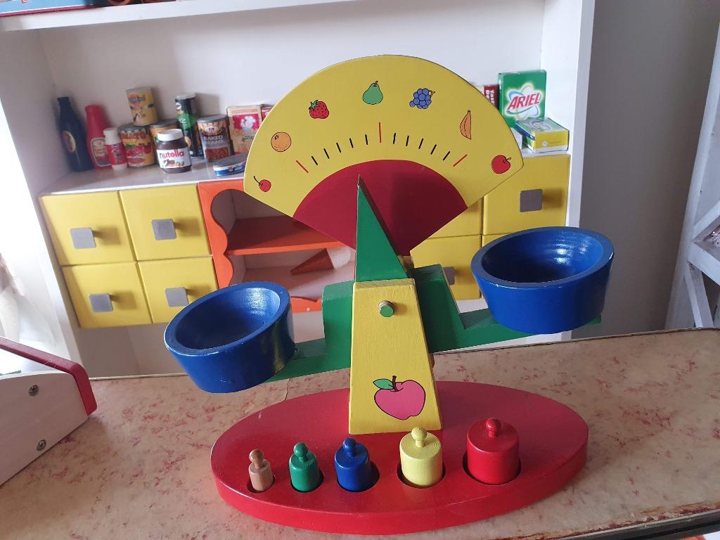 Gezellige weegschaal hout kind rood, geel, groen, blauw, Ophalen
