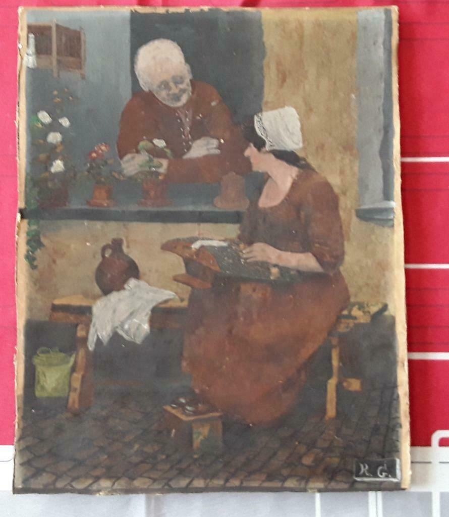Kantklosser door R. G., Antiek en Kunst, Kunst | Schilderijen | Klassiek, Ophalen of Verzenden