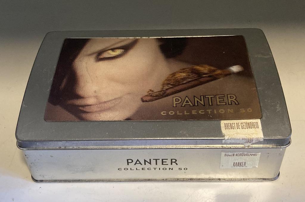 Blikken sigarendoos Panter Collection 50 met 3D reliëf, Ophalen of Verzenden, Gebruikt, Overige, Overige merken
