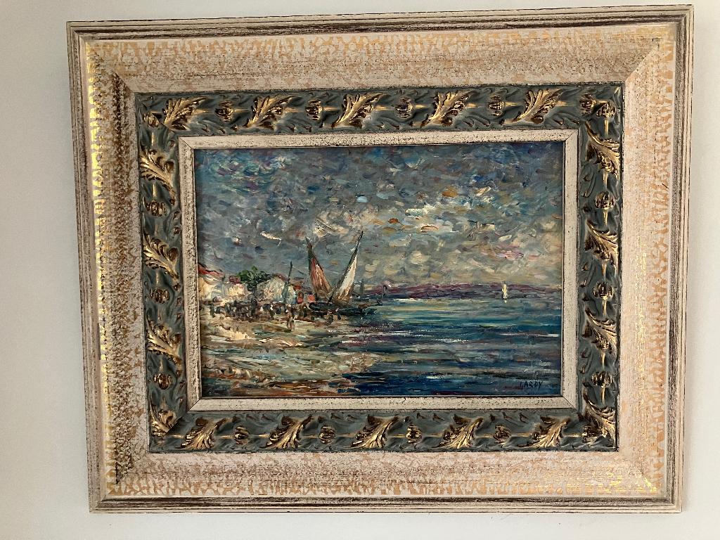 Olieverf op paneel "zicht zeilboten op strand - Claude Gardy, Ophalen of Verzenden
