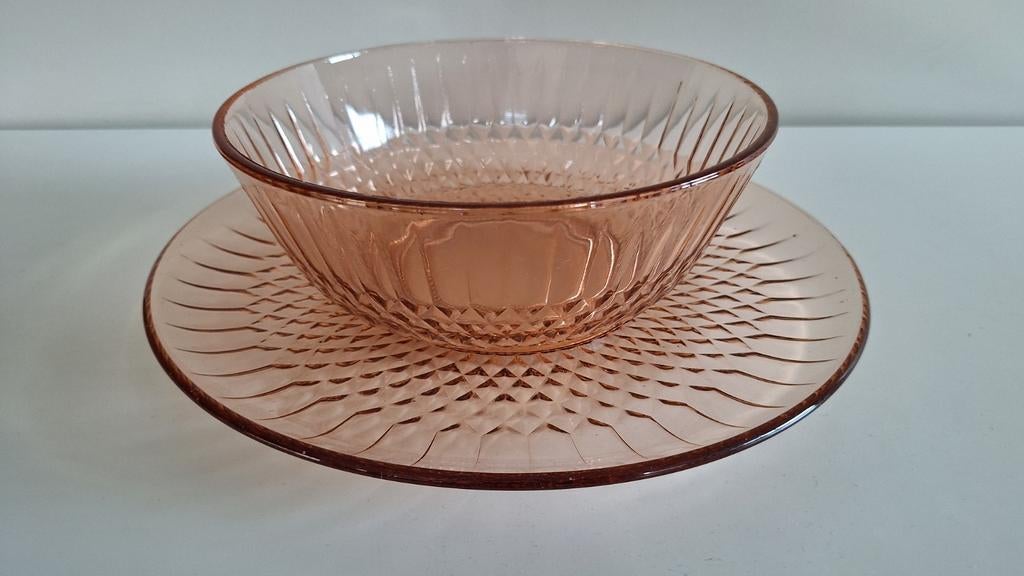 Art deco rosaline persglas schaal met bijpassende kom., Enlèvement ou Envoi