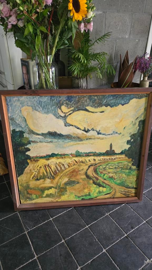 Schilderij Jos Linclau open veld met kerk 108x98 in kader, Antiek en Kunst, Ophalen of Verzenden