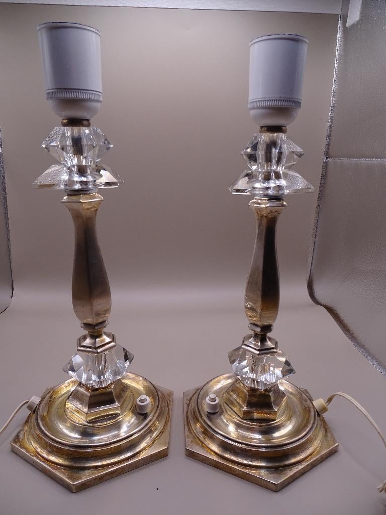 Paire de lampes bougeoirs Art Déco — argentées avec cristal, Antiquités & Art, Antiquités | Bougeoirs, Argent, Enlèvement