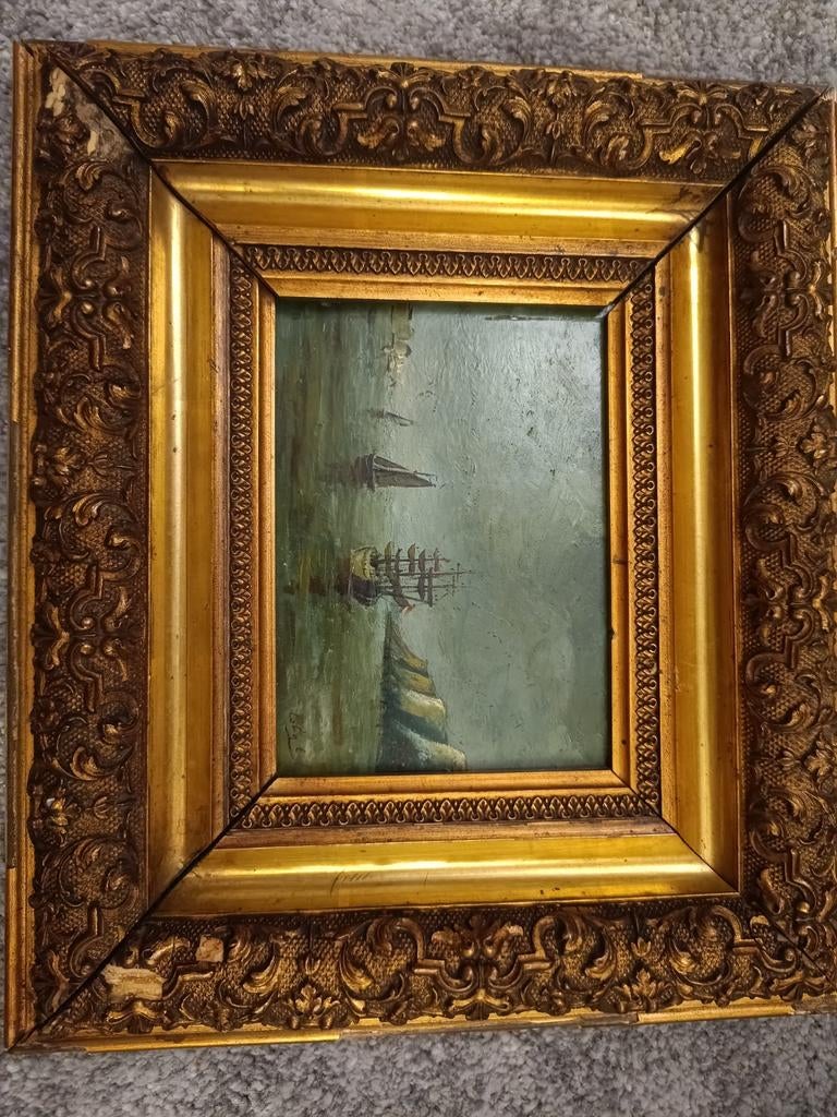 Oud schilderij — Marine in olieverf — Gesneden gouden frame, Antiek en Kunst