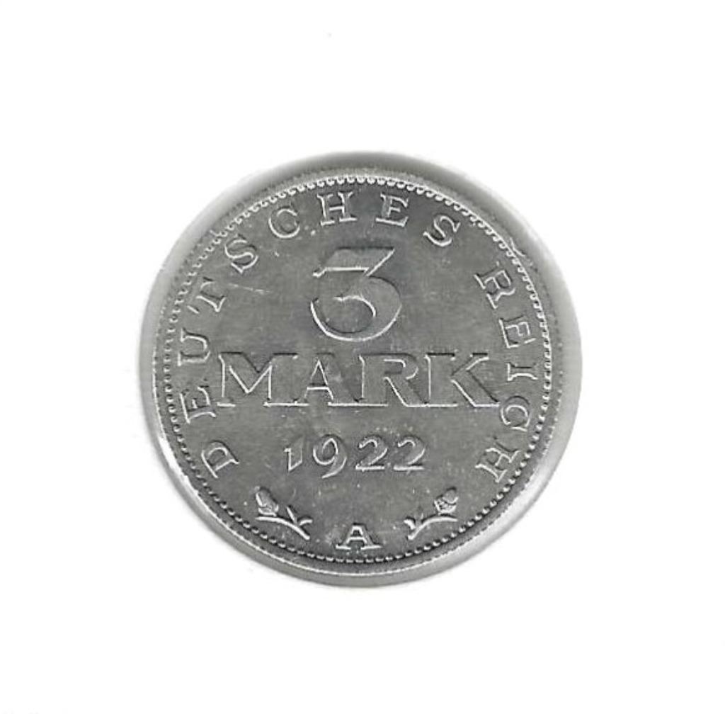 Duitsland, 3 Mark 1922 A (met tekst rond adelaar)., Ophalen of Verzenden, Duitsland, Losse munt