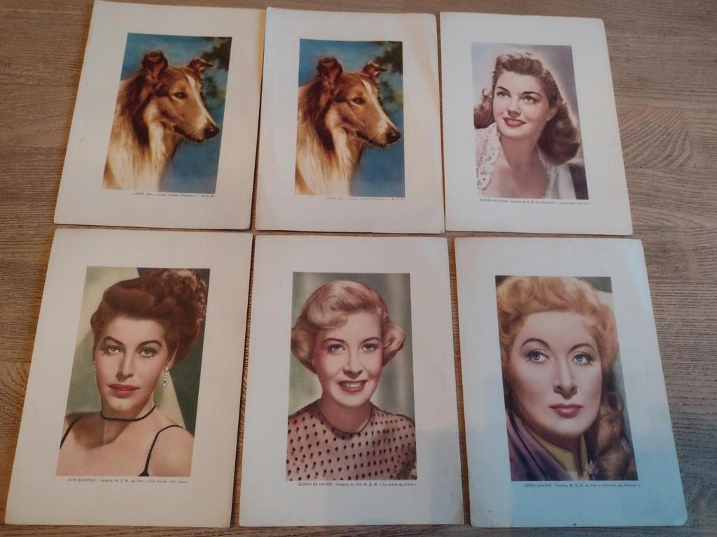 LOT 6 CHROMOS VINTAGE MGM:LASSIE-AVA GARDNER-ESTHER WILLIAMS, Enlèvement ou Envoi, Comme neuf, Étranger, Photo