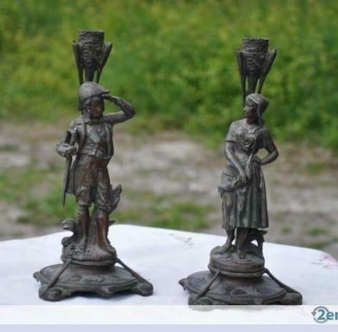 § paire d'ancien bougeoir personnage art nouveau en regule, Enlèvement ou Envoi, Autres matériaux