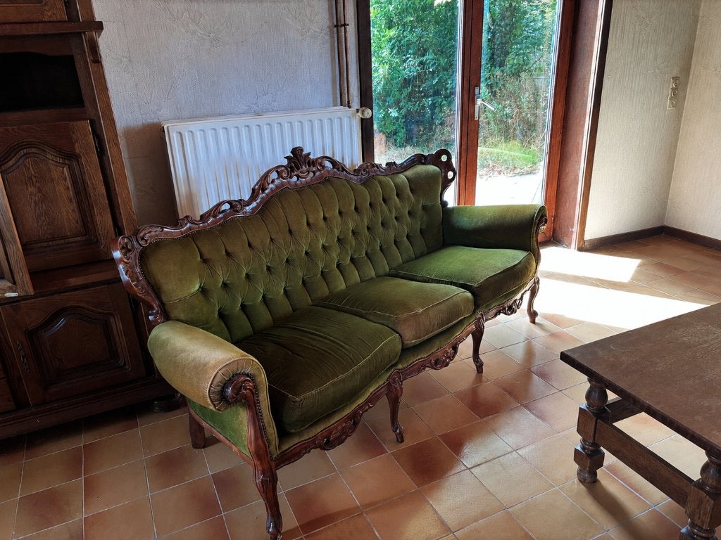 Barok klassieke 3-zits zetel groen met houtsnijwerk, Ophalen