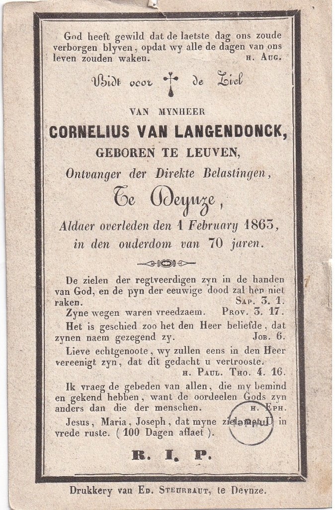 + 31 / B P VAN LANGENDONCK C DEINZE 1863 70 J, Ophalen of Verzenden, Bidprentje