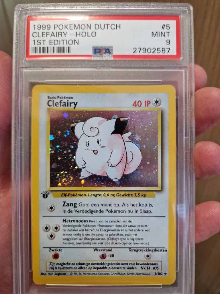 PSA 9 Clefairy 1st edition 1ste editie Base Set Dutch NL, Ophalen of Verzenden, Nieuw, Losse kaart, Foil