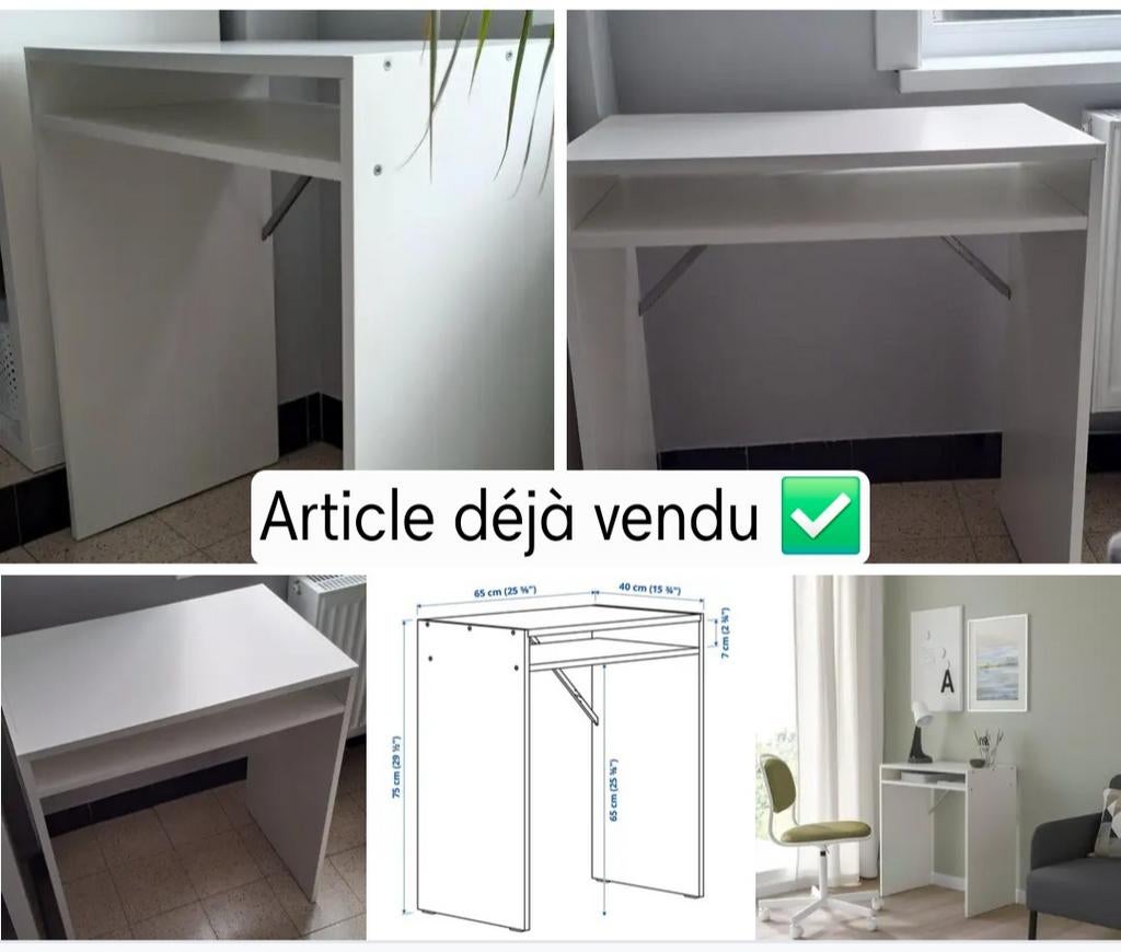 Bureau, blanc, 65x40 cm état neuf / Article déjà vendu ✅️, Neuf, Bureau d'ordinateur, Enlèvement, Bois