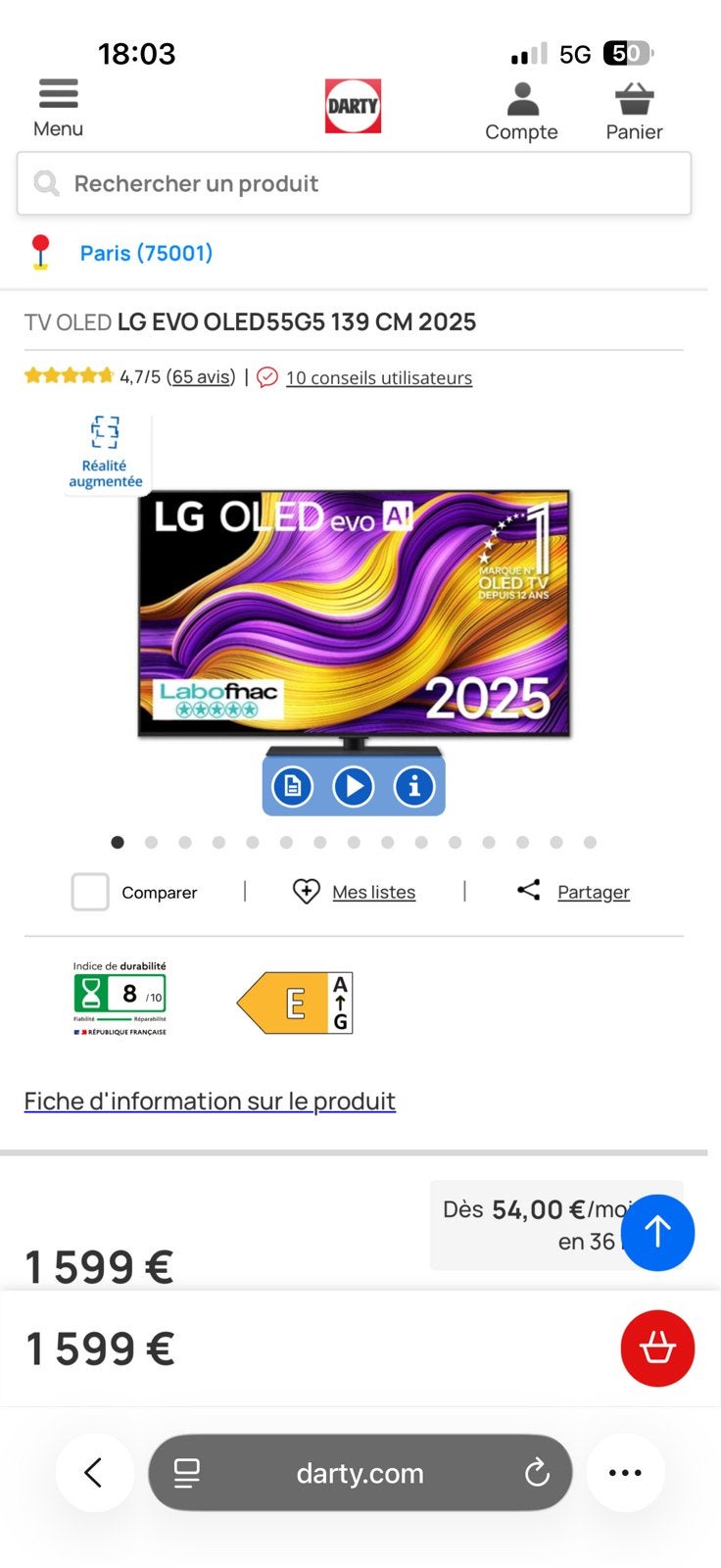 TV OLED LG EVO OLED55G5, Enlèvement