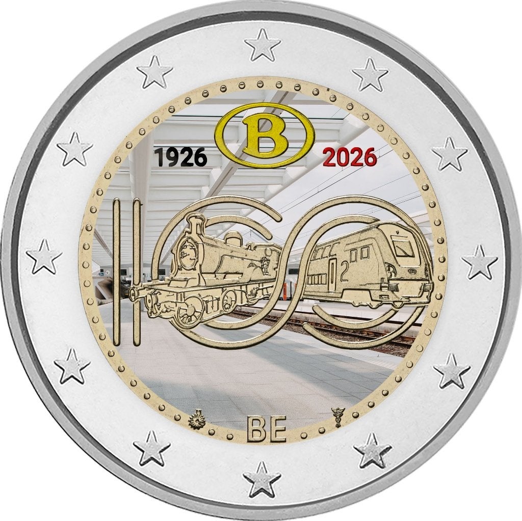 2 euro België 2026 100 jaar NMBS gekleurd type 1, Postzegels en Munten, Munten | Europa | Euromunten, Verzenden, België, 2 euro