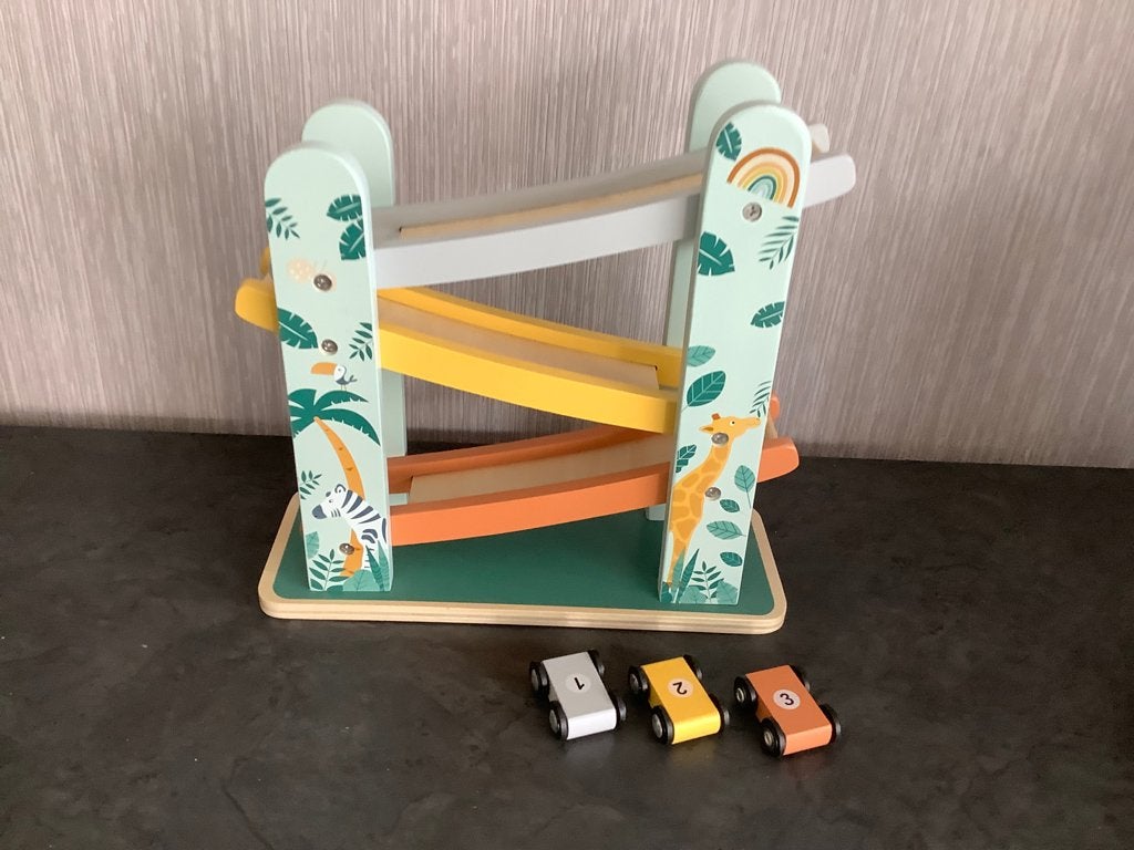 Houten autobaan met voertuigen (25x26 cm), Kinderen en Baby's, Speelgoed | Houten speelgoed, Zo goed als nieuw, Overige typen