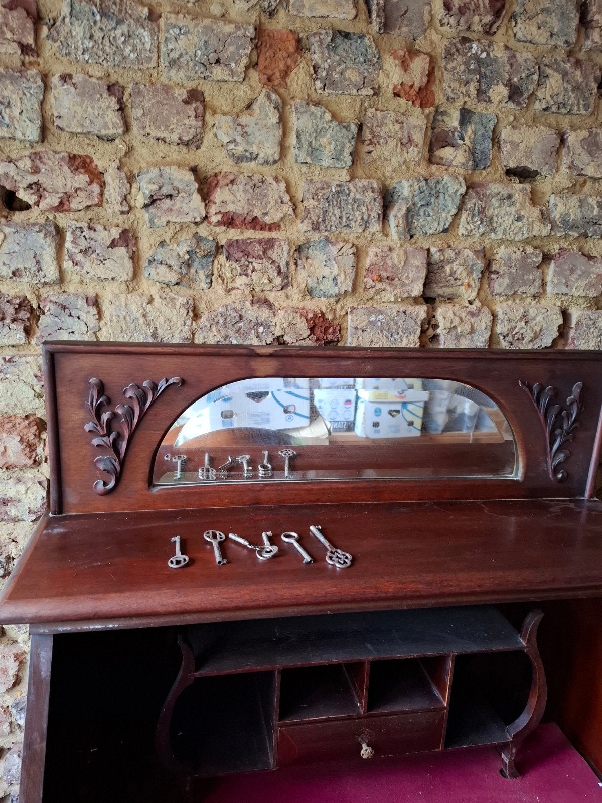 Karaktervolle antieke houten klepsecretaire met spiegelopbou, Antiek en Kunst, Ophalen