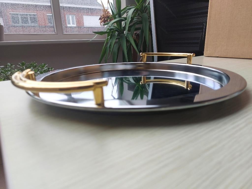 Rond dienblad in RVS met vergulde handgrepen - d: 35cm, Ophalen, Zo goed als nieuw, Rond, Metaal