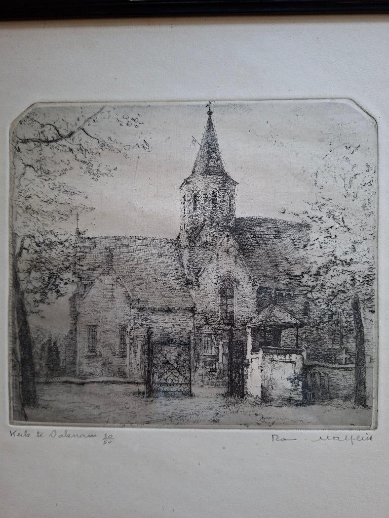 Ets “Kerk te Daknam” – Romain Malfliet – 30/50, Antiek en Kunst, Kunst | Etsen en Gravures, Ets, Genummerd, Gesigneerd, Religie