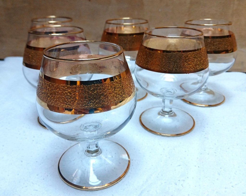 Service 6 verres ballons vintage dorés, Enlèvement, Comme neuf, Autres types