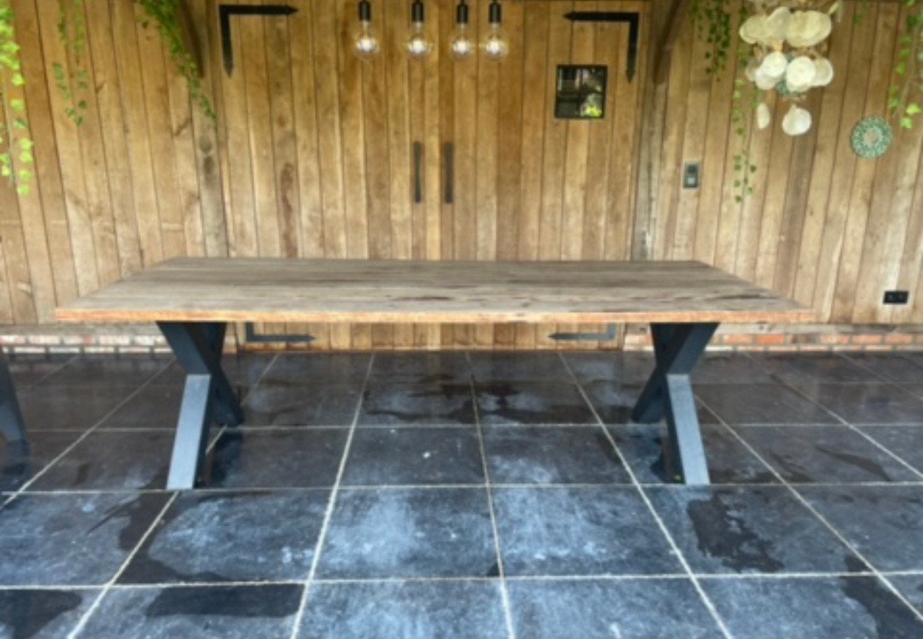 Mooie grote tuintafel met ijzeren poot, Ophalen, Gebruikt, Rechthoekig, Hout