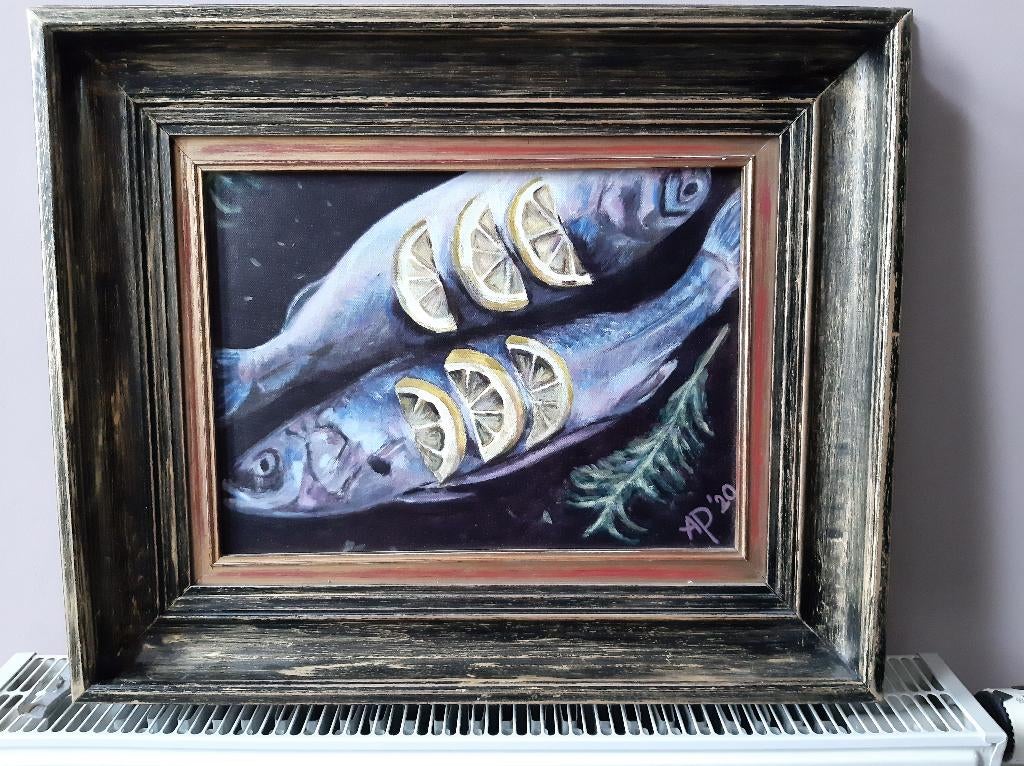 Acryl op doek, forellen, antieke houten kader, Ophalen of Verzenden